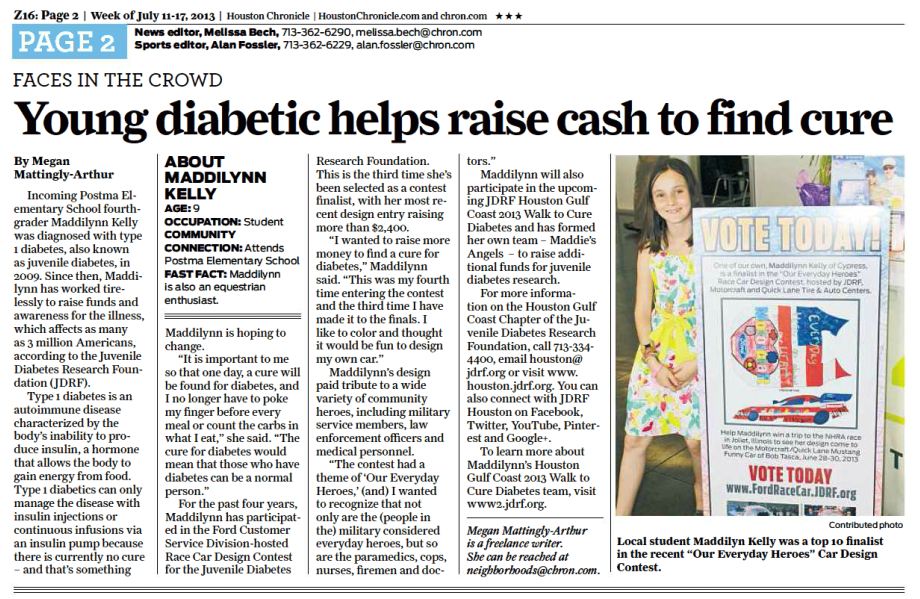 Maddie Kelley, age 9, of Cypress raises funds and awareness for Breakthrough T1D