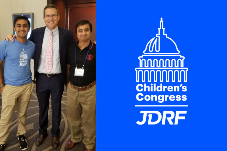 Kabir Dewan, Breakthrough T1D CEO Aaron Kowalski, and Kabir's father Kamal Dewan at the Breakthrough T1D 2019 Children's Congress
