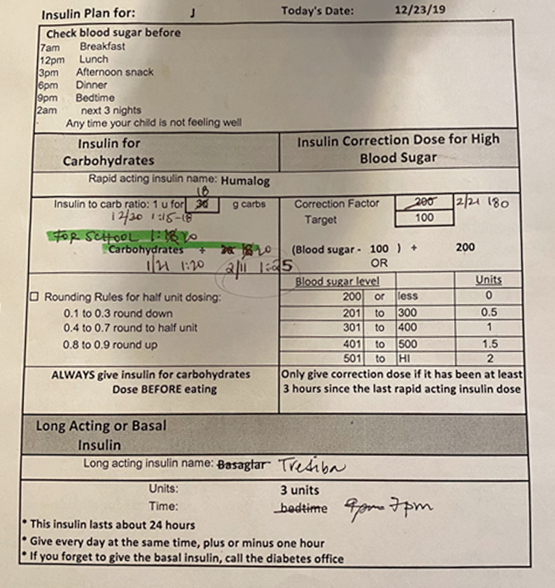 Example of insulin instructions given to patients at the hospital after a type 1 diabetes diagnosis.