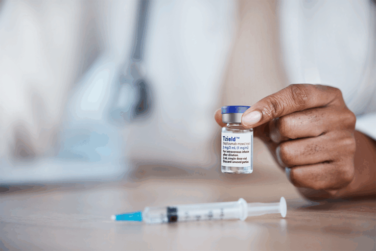 Healthcare provider holding a vial of teplizumab (Tzield), the first FDA-approved disease-modifying therapy for type 1 diabetes