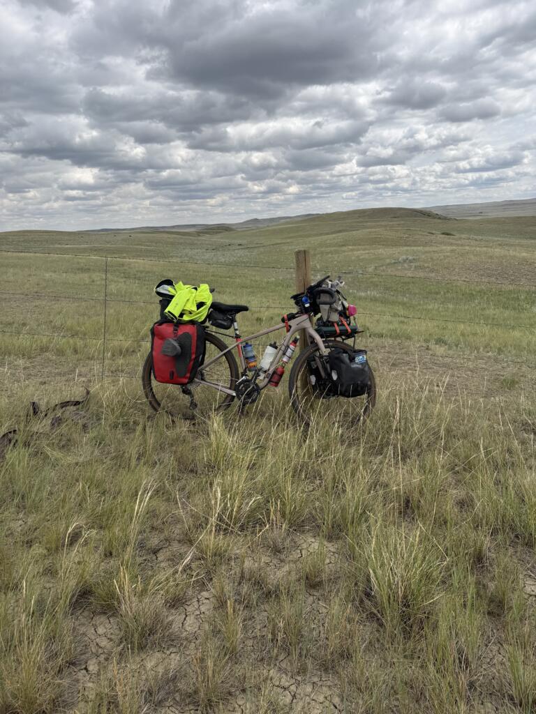 A bike covered in saddlebags leans against a fence post in a prarie.